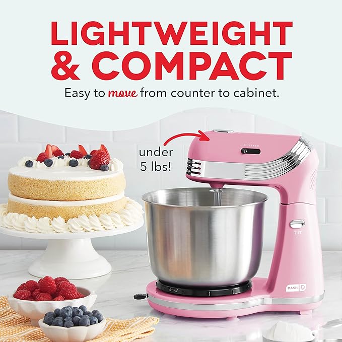 Dash Stand Mixer (Electric Mixer for Everyday Use): 6 Speed Stand Mixer with 3 Quart Stainless Steel Mixing Bowl, Dough Hooks & Mixer Beaters for Dressings, Frosting, Meringues & More - Pink