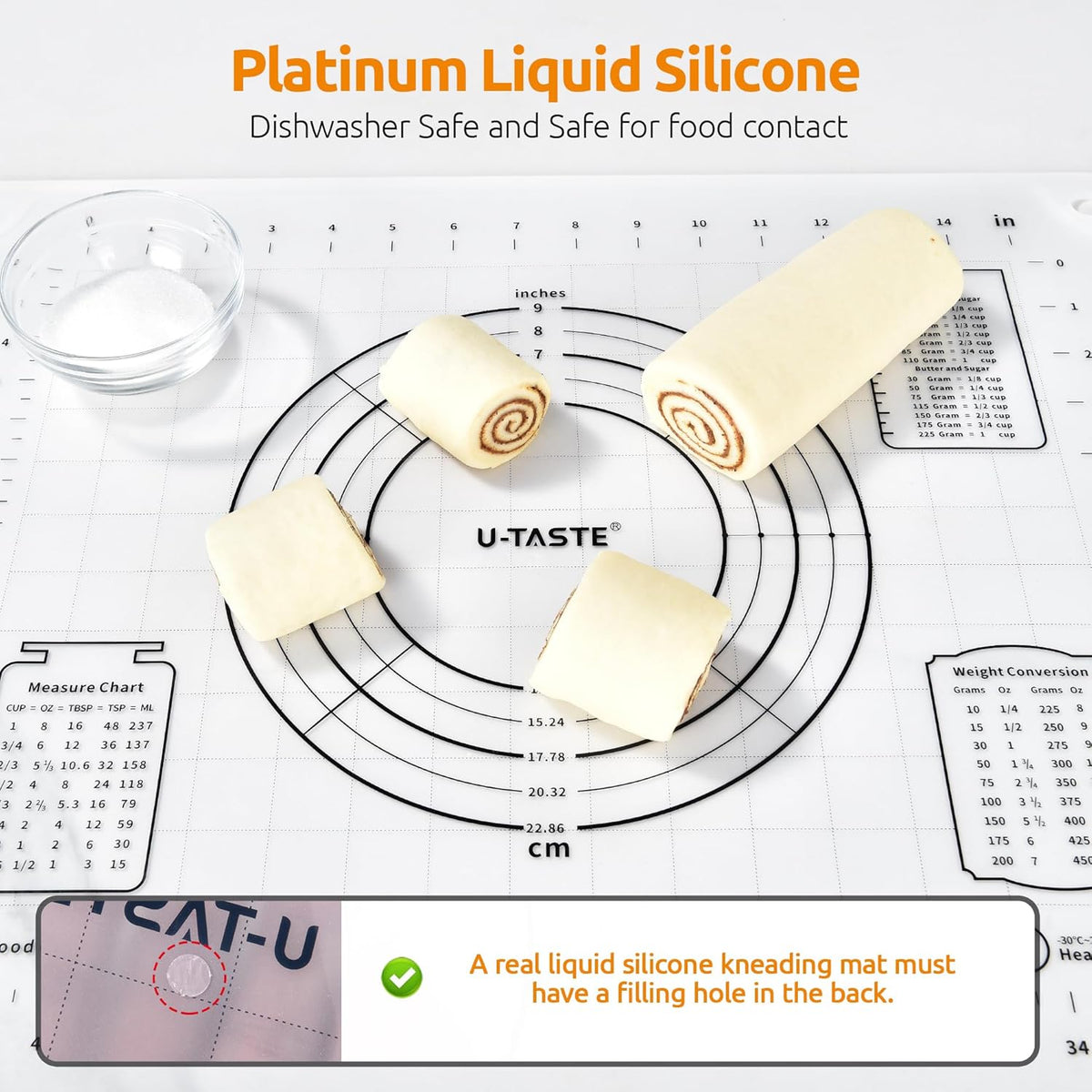 U-Taste Liquid Silicone Pastry Mat: 16"x20" Food-Grade Non-Stick Dough Rolling Baking Sheet, Non Slip for Kneading Prep Pizza, Fondant, Pie Crust with Clear Measurement and Raised Edges (Transparent)