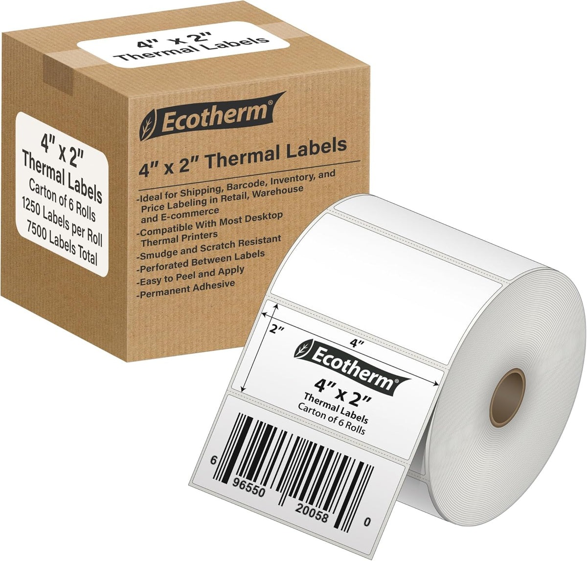 4" x 2" Thermal Labels | 6 Rolls | 7500 Labels | fits Zebra, Munbyn, Rollo, Godex, Arkscan, iDPRT, Offnova Thermal Label Printers and More | Blank White Adhesive Stickers by Ecotherm