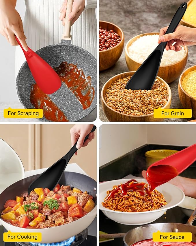 Pack of 2 Cooking Spoons for Non Stick Cookware, Multifunction Spatula Spoon BPA-Free, One-Piece Design, Suitable for Scooping, Scraping, Serving and Mixing(BLACK-RED)