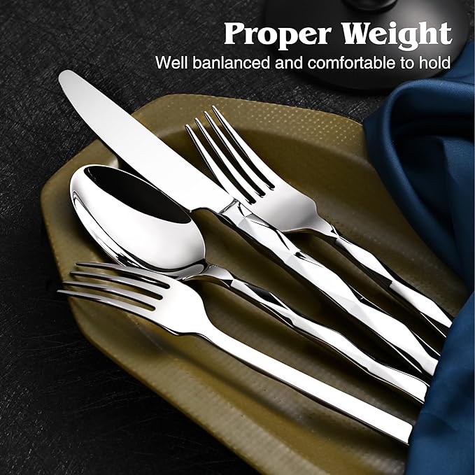 KINGSTONE Silverware Set, Luxury 40 Piece Flatware Set for 8, 18/10 Stainless Steel Cutlery Set with Diamond Cut Pattern for Kitchen, Home, Wedding, Party, Mirror Polished and Dishwasher Safe