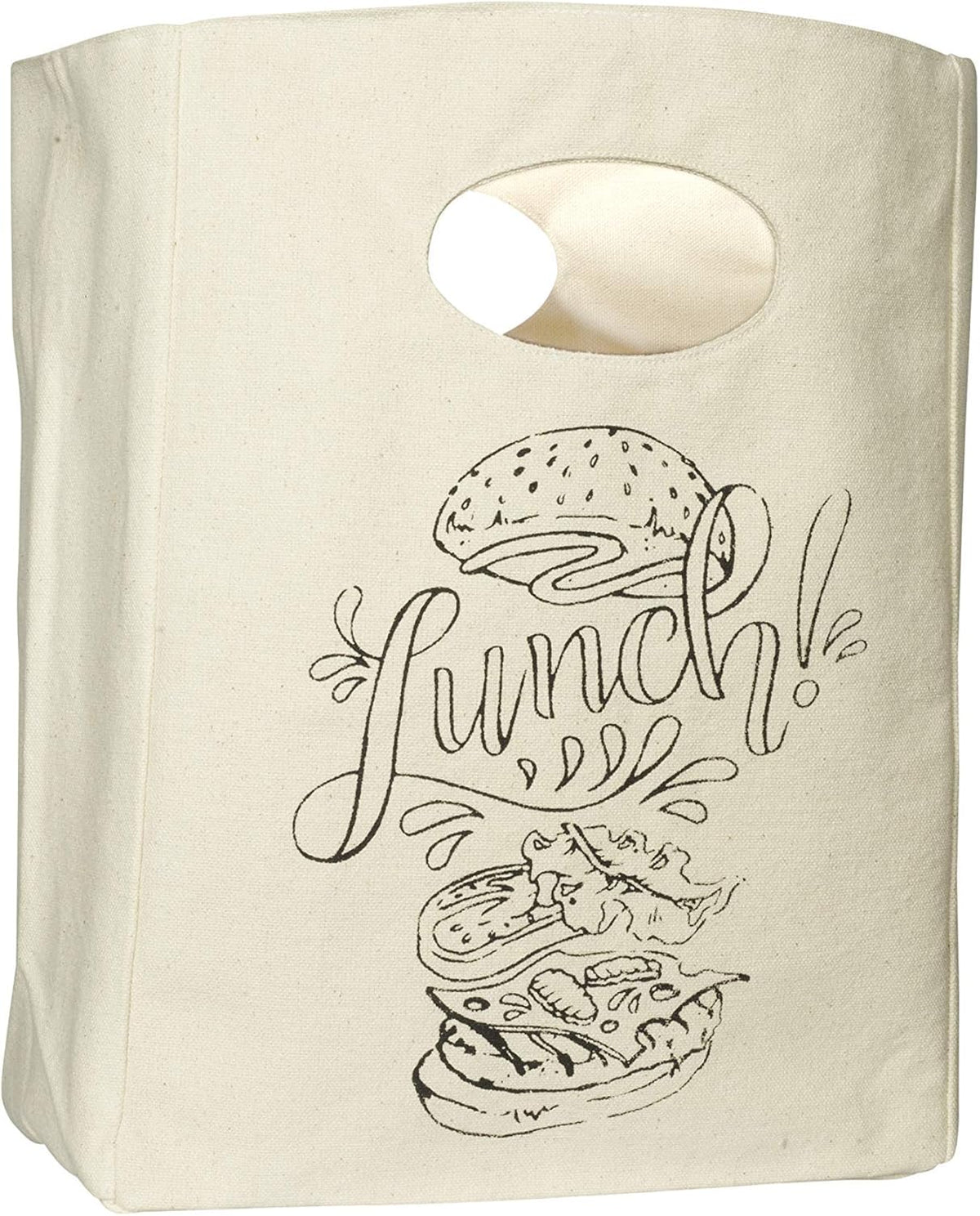 Organic Cotton Canvas Lunch Bag - Reusable & Machine Washable Lunch Tote - Organic Snack Tote - Unisex Lunch Bag for Men, Women & Kids - Easy to Clean (White with Black Print)