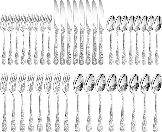 Floral 40 Pcs Silverware Set for 8, Food Grade Stainless Steel Flatware Set with Rose Flower Embossed Design, Eating Utensils Sets Include Fork/Knife/Spoon, Reusable Cutlery Set, Dishwasher Safe