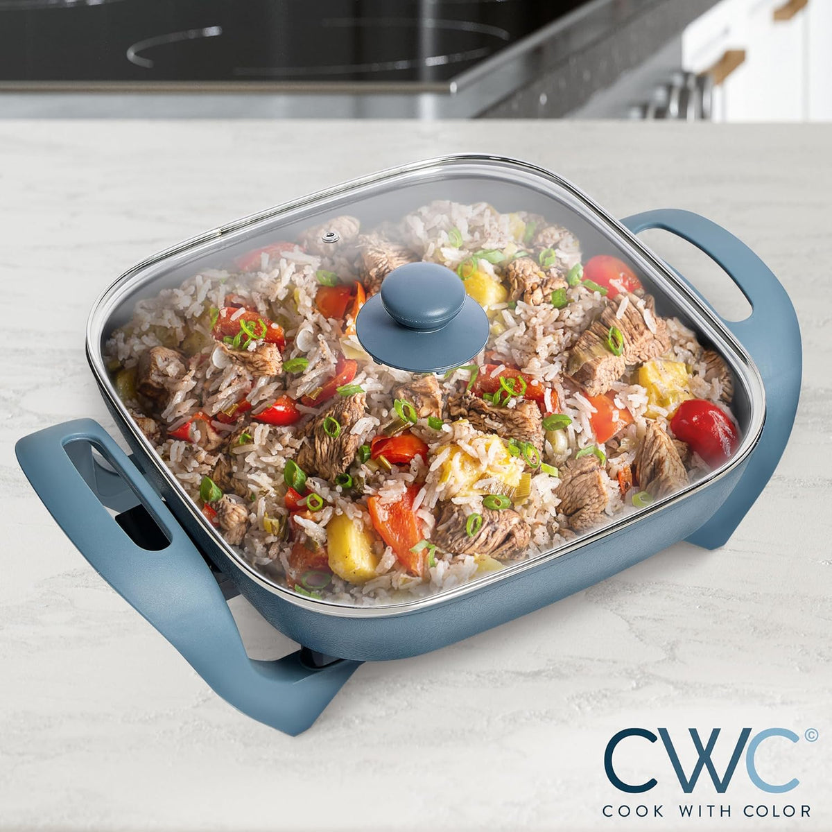 COOK WITH COLOR Electric Skillet - 12" x 12" Ceramic Nonstick Pan, PFAS-Free, 1400W, Tempered Glass Lid, Variable Temperature, Removable Heating Probe, Cool-Touch Handles, Slate Blue