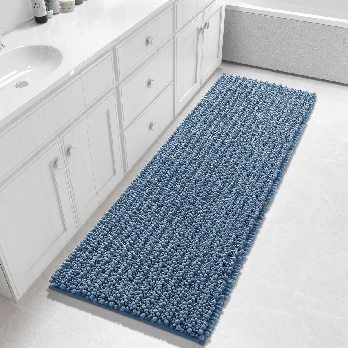 Yimobra Bathroom Runner Rug 60x24 Inch - Extra Long Non Slip Chenille Bath Mat, Soft & Absorbent, Machine Washable Shaggy Hallway Carpet for Vanity Tub Shower, Denim Blue Home Decor Accessories