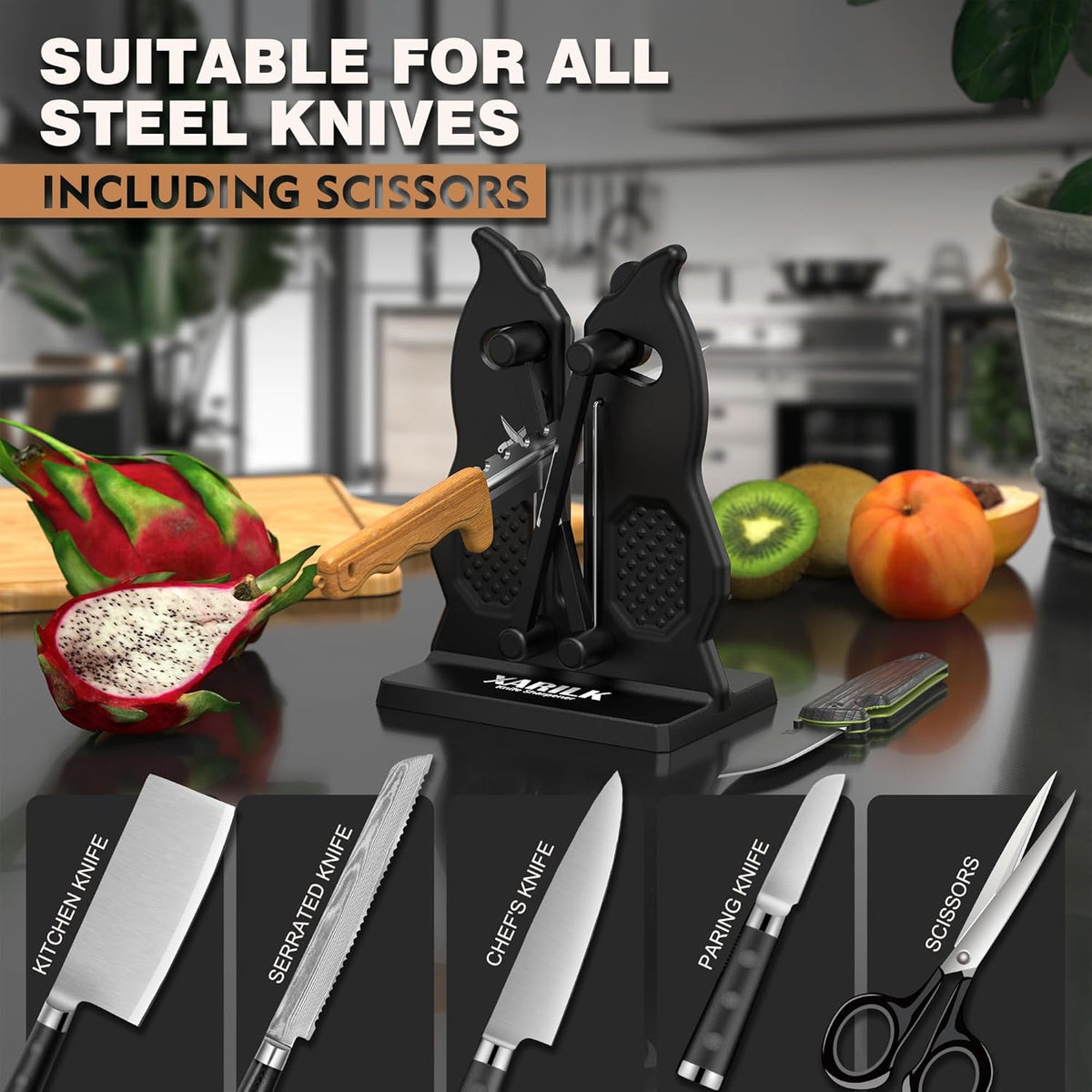 Edge Kitchen Knife Sharpener – Pull-Through Manual Sharpener with Spring Arms – Tungsten Carbide, Self-Adjusting Angle, Fast Edge Repair for Kitchen, Outdoor, and EDC Knives (Black)