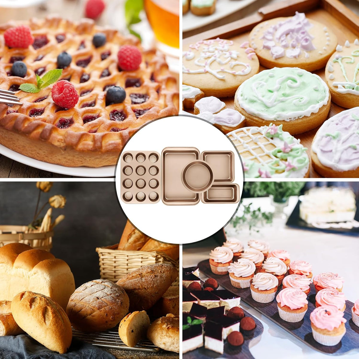 Nonstick Baking Pans Set, 5-Piece Kitchen Baking Sheets for Oven, Bakeware Sets with Round/Square Cake Pan, Muffin Pan, Loaf Pan, Roast Pan, mobzio Cookie Sheet Set Baking Supplies (Champagne Gold)