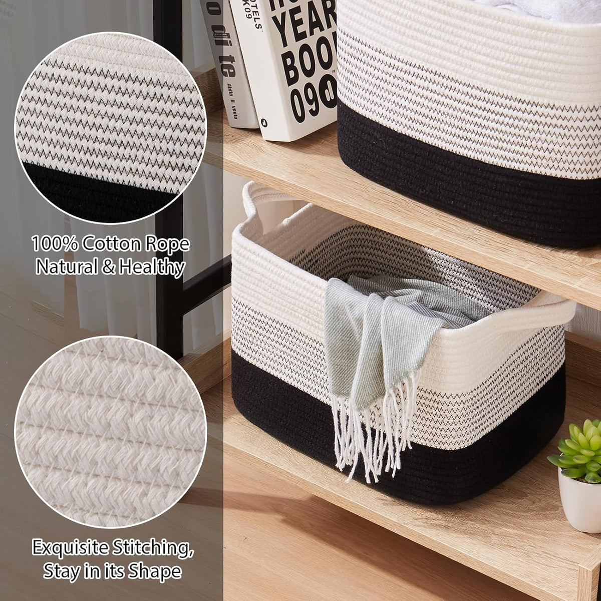 Storage Baskets for Organizing, Woven Baskets for Shelves, Rectangle Decorative Organizer for Storage Clothes, Toy, Books, Towels Nursery Bins 3 Pack (Gradient Black)