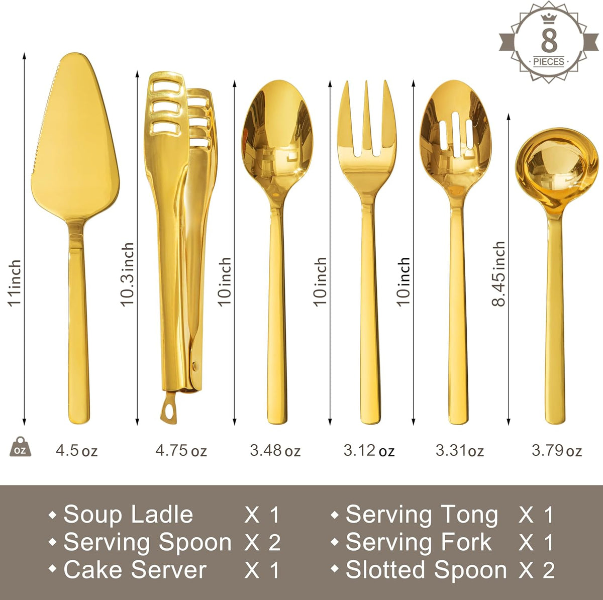 KINGSTONE Large Hostess Serving Utensils Sets,18/10 Stainless Steel Heavy Duty 10inch Serving Spoons,Slotted Spoons,Serving Fork,Serving Tongs, Cake Pie Server For Buffet, Wedding, Party, Gold