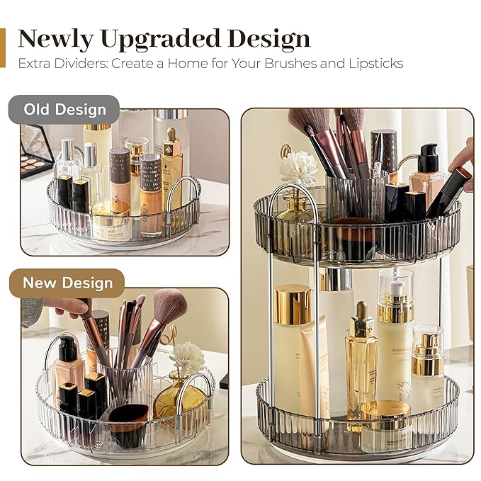 Aveniee 360° Rotating Makeup Organizer for Vanity, Upagraded Perfume Skincare Bathroom Counter Organizers with Brush Divider, Two Tier Spinning Lipstick Cosmetic Lotion Storage,Grey
