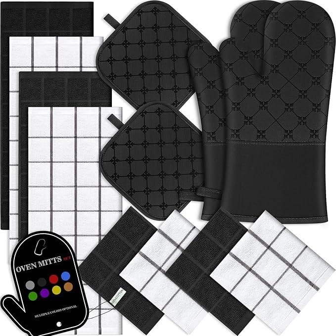 Oven Mitts Kitchen Towels Dishcloths with Pot Holders Sets 12PCS, Dish Towels Sets, Oven Gloves Pot Pads Heat Resistant 500 Degrees with Non-Slip Silicone Surface for Cooking Baking Grilling Black