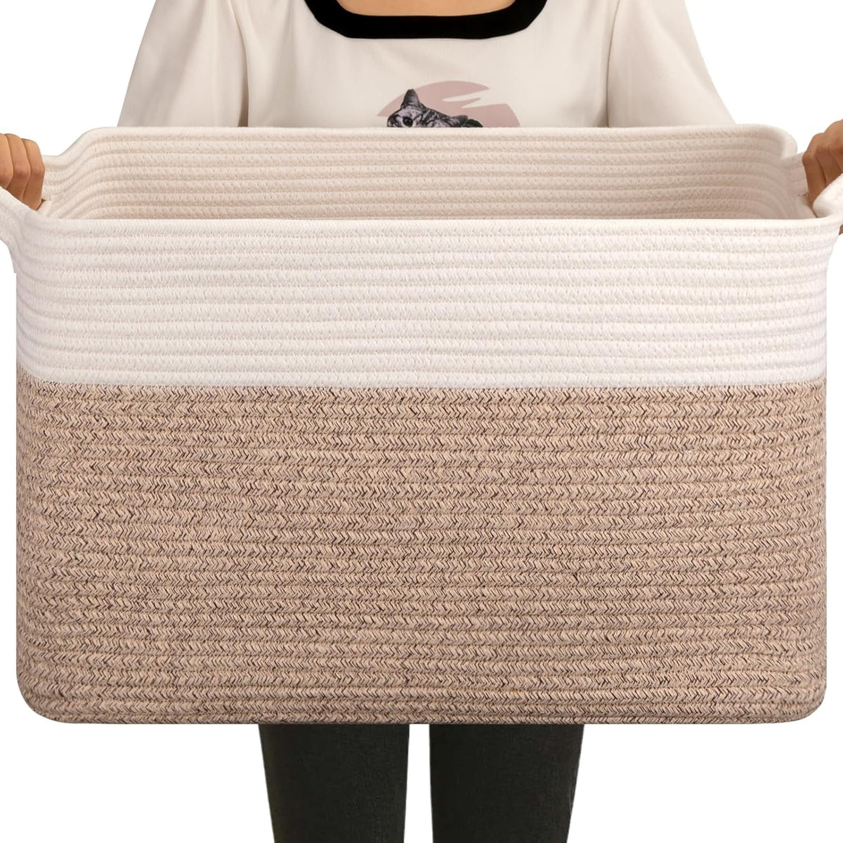 OIAHOMY 65L Blanket Basket, Cotton Rope Woven Blanket storage for Living Room, Rectangle Woven Baskets for Storage, 20''×16''×12'', Brown and White