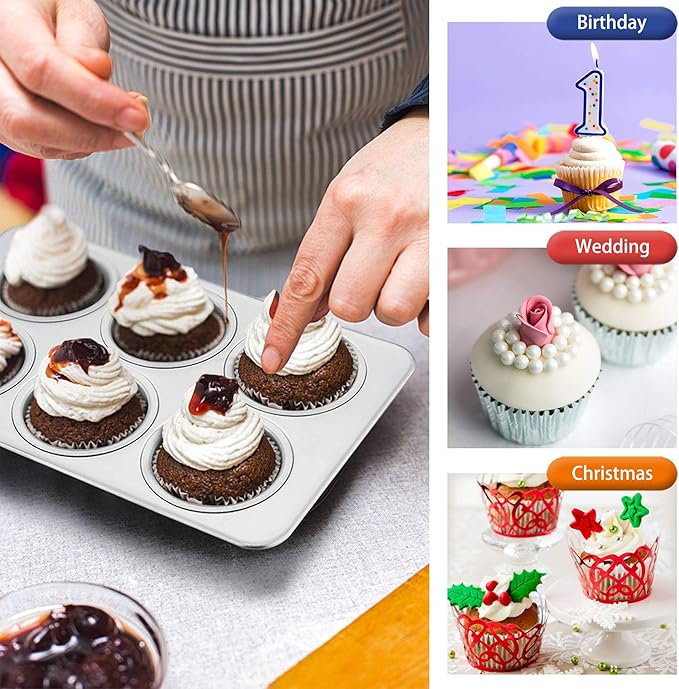 TeamFar Muffin Pan, 6 Cup Muffin Pan for Baking, Cupcake Pan Muffin Tin Tray Set Stainless Steel for Making Cakes Cornbread Quiche and More, Healthy & Durable, Oven & Dishwasher Safe