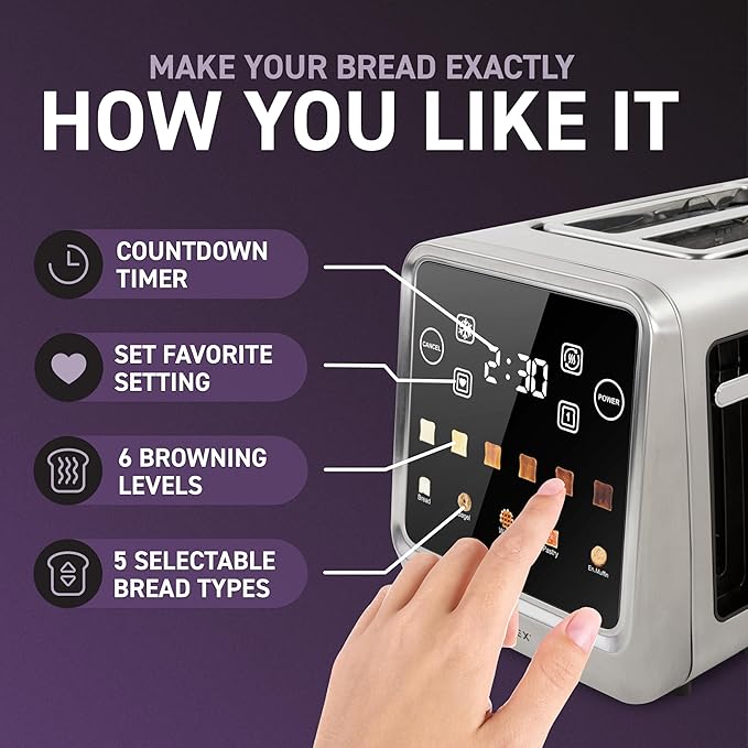 Inspirex Touch Screen Toaster - 2 Slice Extra-Wide Slots - 5 Bread Type and 6 Browning Levels - Defrost, Reheat, Favorite, Single Slot Settings - Stainless Steel