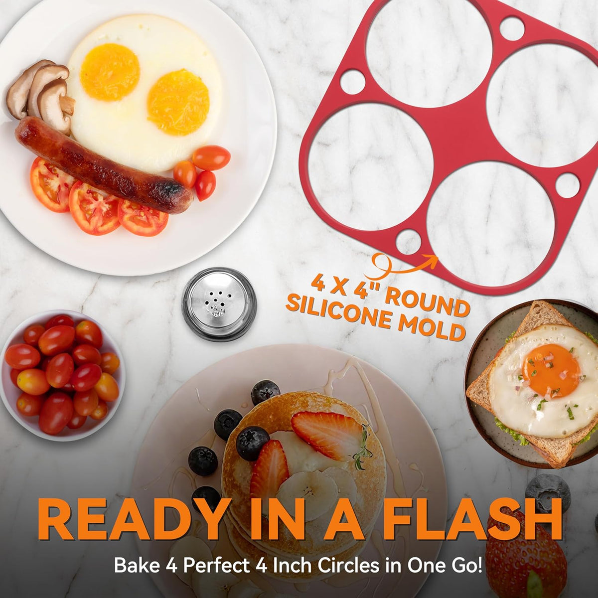 Baker's Friend 4-Round Silicone Egg Rings for Frying Eggs & Pancake, Pancake Shaper, Non-Stick & Heat-Resistant, Red