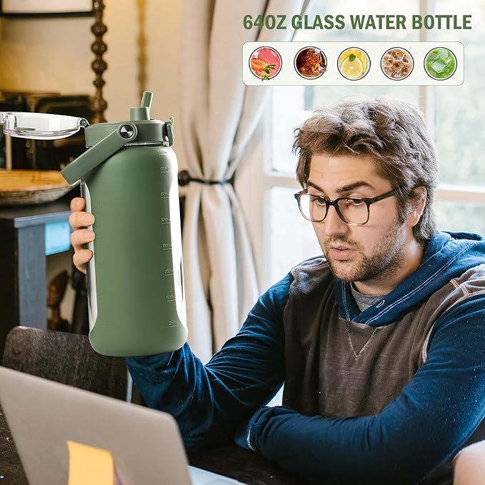 BLUEGO 64oz Glass Water Bottles with Straw Time Marker Half Gallon Large Motivational Water Bottle with Silicone Sleeve 2 Liter Large Glass Water Jug for Gym, Sports& Workout, Daily, 02 Olive