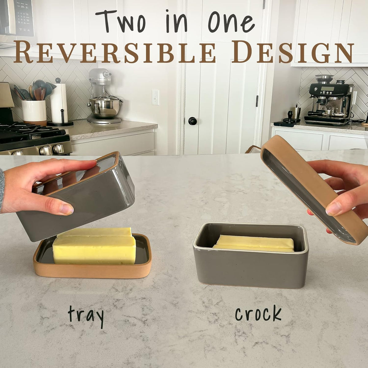 Mora Ceramic Two-in-One Butter Dish with Lid, Covered Butter Crock Container to Leave on Countertop - Large Storage Keeper/Holder for Kitchen, Gifts for Her, Butter Tray For Counter - Sesame Milk
