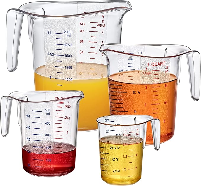 Amazing Abby - Melissa - Plastic Measuring Cups (4-Piece Set), Food-Grade Measuring Jugs, 1/2/4/8-Cup Capacity, Unbreakable, Stackable, Dishwasher-Safe, Great for Oil, Vinegar, Flour, and More
