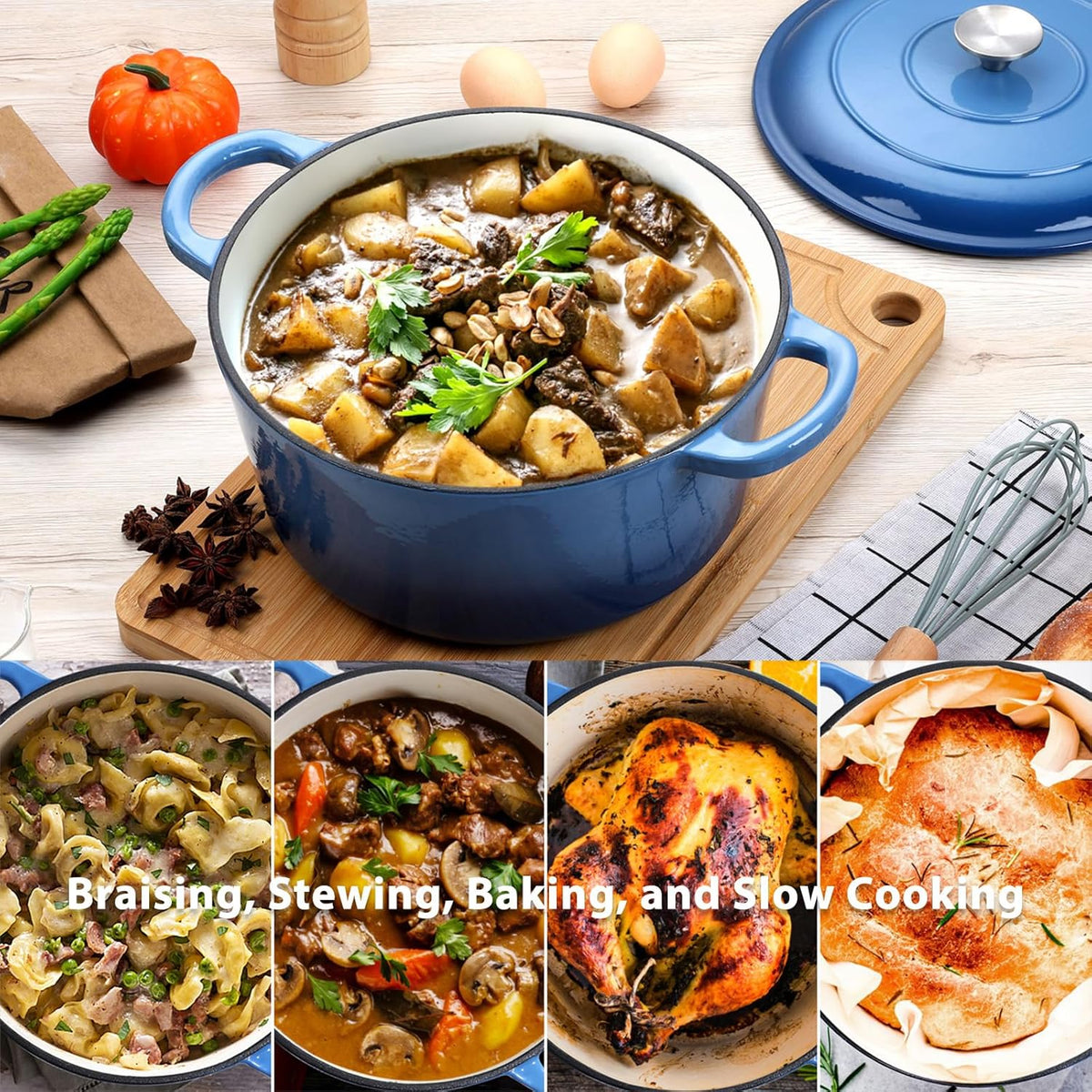 E-far 6 Quart Enameled Cast Iron Dutch Oven with Lid, Round Dutch Oven Pot Nonstick Cookware for Braising, Stews, Roasting, Bread Baking, Cooking, Heavy Duty, Induction & Oven Safe - Blue