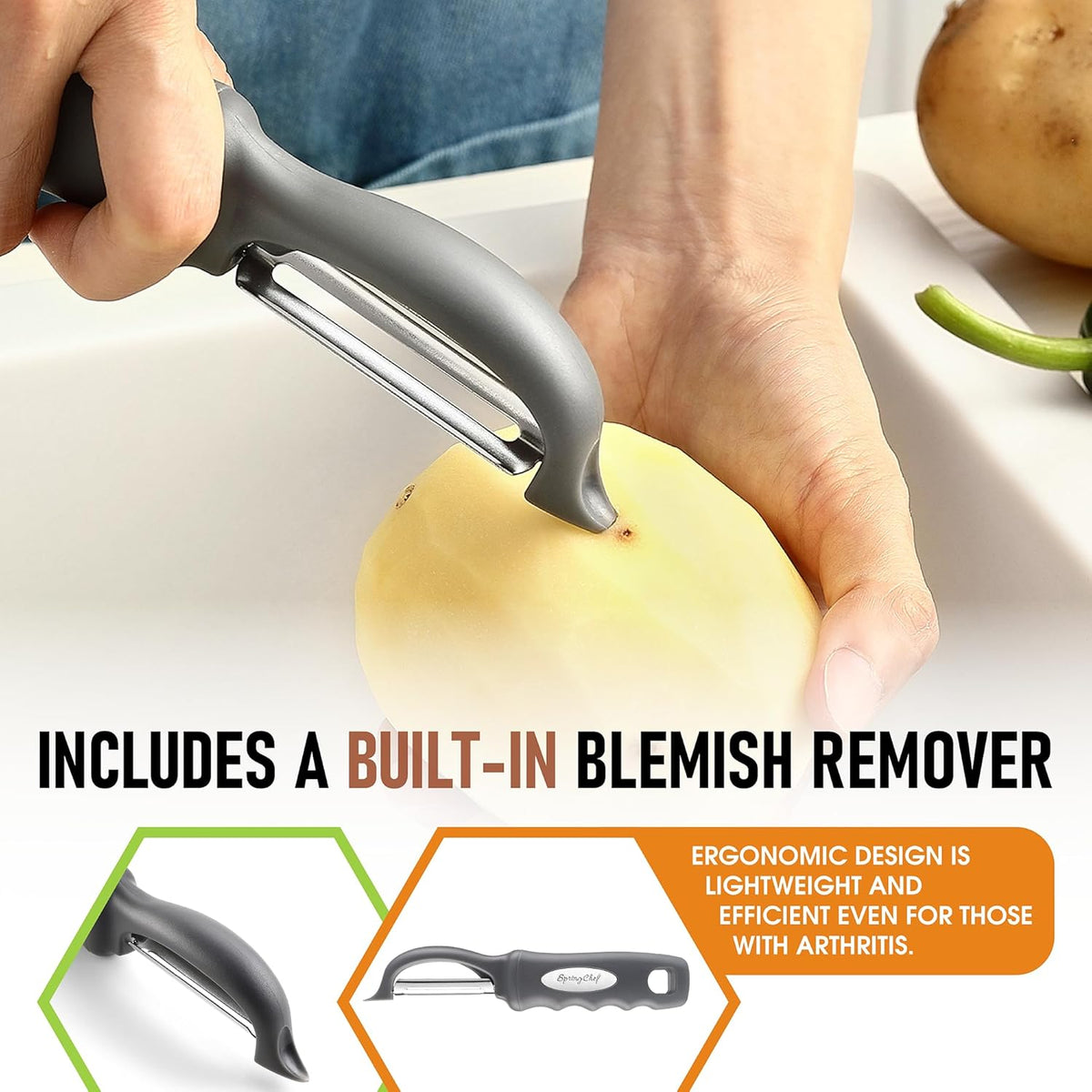 Spring Chef Premium Swivel Vegetable Peeler, Comfortable Handle and Ultra Sharp Stainless Steel Blades - Perfect Kitchen Peeler For Veggie, Fruit, Potato, Carrot, Apple - Gray