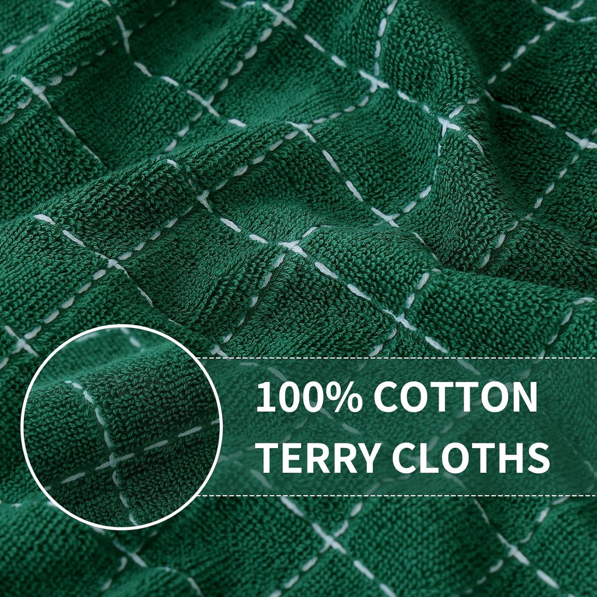 Homaxy 100% Cotton Terry Kitchen Towels(Dark Green, 13 x 28 inches), Checkered Designed, Soft and Super Absorbent Dish Towels, 8 Pack