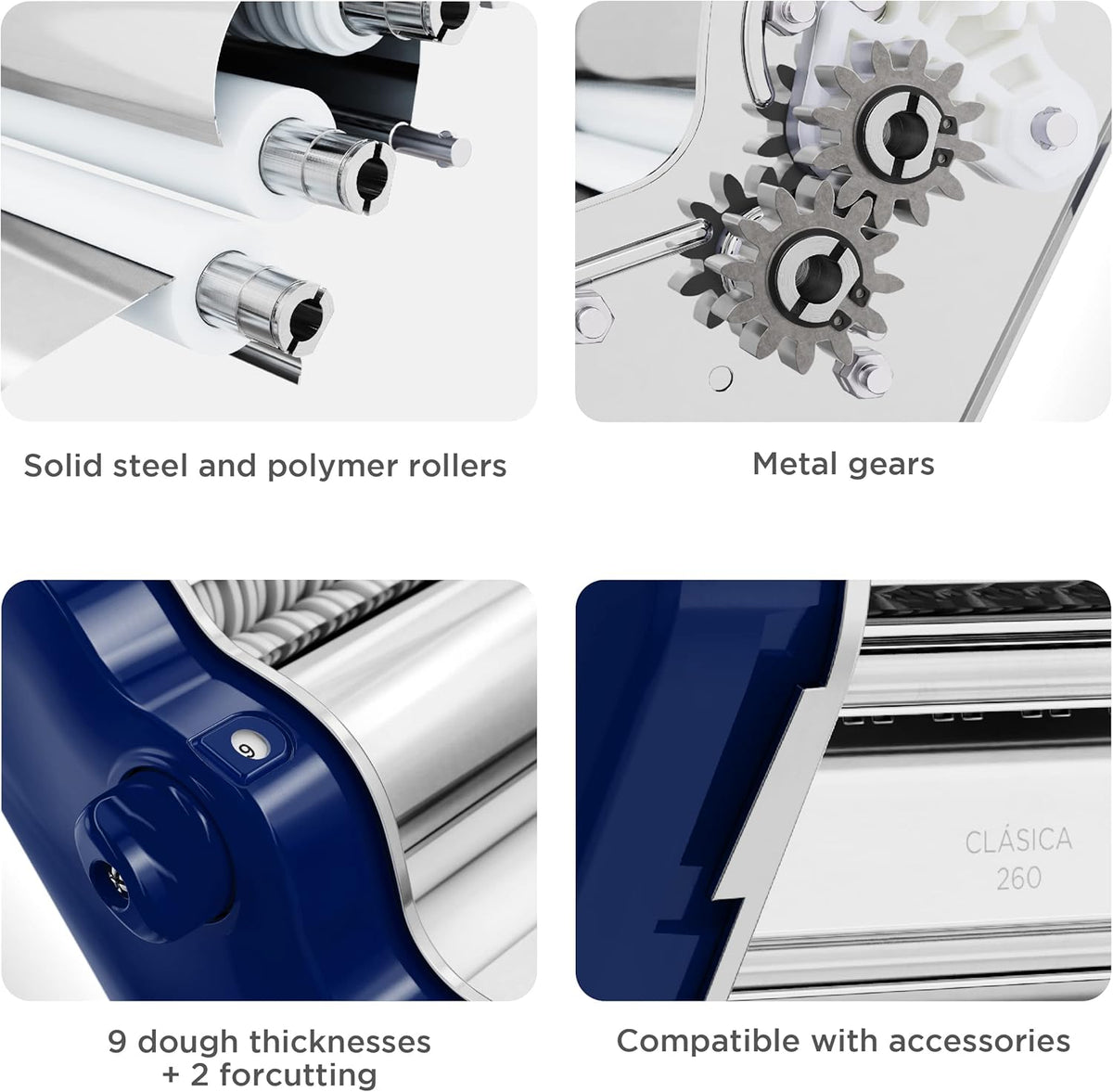 PASTALINDA Classic 260 Pasta Maker Machine, 26 cm Wide Rollers, 9 Thickness Positions, 2 Cutting Positions, Stainless Steel. Includes Reinforced Hand Crank And Two Clamps (Navy blue)