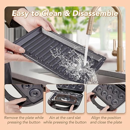 6 in 1 Waffle Maker, Sandwich Maker with Removable Plates, Donut Maker Dual-Sided Heating Non-Stick Plates, Walnut Cookie Maker, Multi Breakfast Maker for Grilled Cheese, Toast, Bread