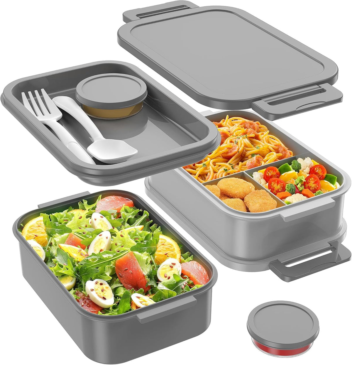Jelife Adult Bento Box Lunch Box - 3 Layers Stackable Bento Lunch Box for Adults, 72oz Large-Style All-in-One Bento Boxes Leak-Proof Lunchbox with Utensil Sauce Containers for Dining Out,Work, Grey