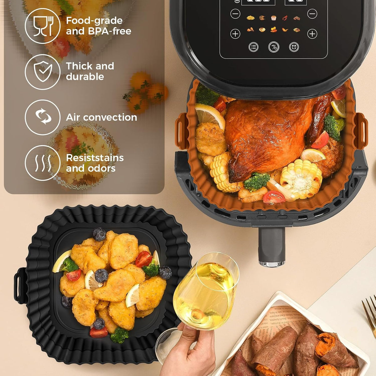 Buauty 3 Pack Air Fryer Silicone Liners 8inch Air Fryer Silicone Pot Reusable Food Grade Silicone Airfryer Liners Baking Basket Accessories Replacement of Flammable Disposable Parchment Paper