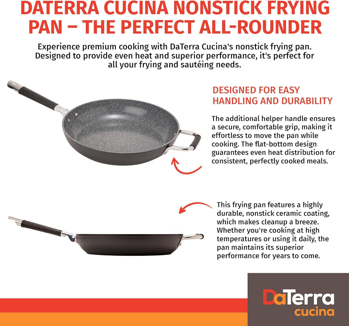 DaTerra Cucina - 13" Nonstick Ceramic Frying Pan - Made in Italy - Oven Safe - High Heat Resistant Nonstick Cookware - PTFE, Cadmium, Lead & PFOA free - Volcanic Black Speckled