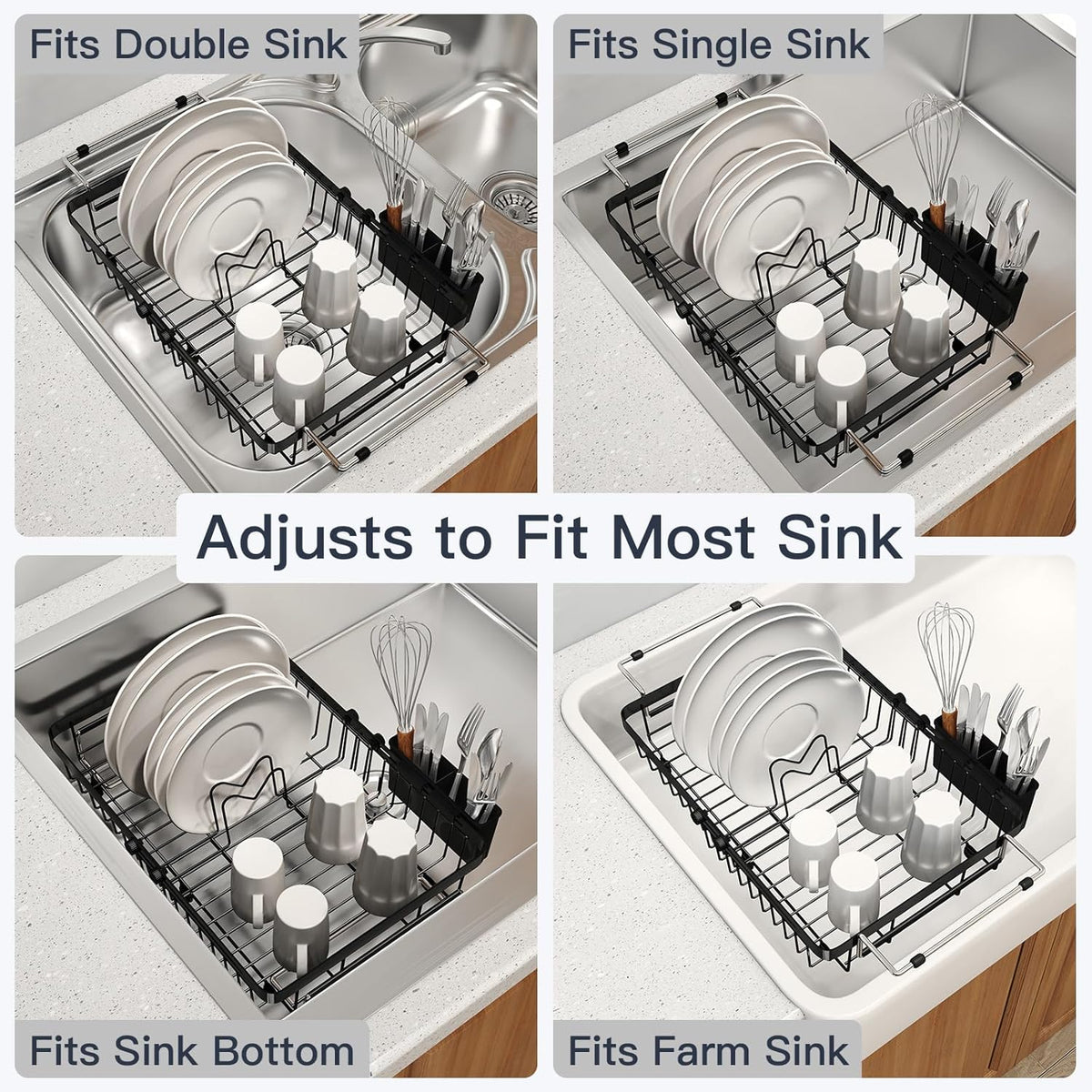 Small Expandable Over The Sink Dish Drainer Drying Rack In Stainless Steel Metal For Kitchen, Counter Space Saving Black Compact Above Plate Dryer Strainer, Adjustable Hanging Inside Sink Drain Holder