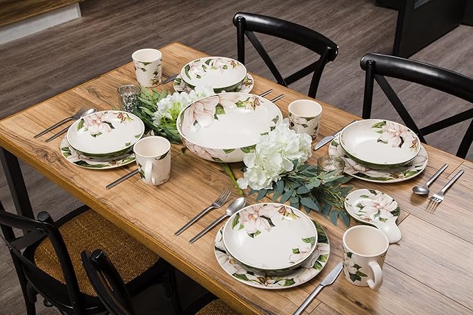 Bico Magnolia Floral Dinner Plates Set of 4, 11 Inch Large Ceramic Plates for Pasta, Steak, Stylish Serving Dishes, Microwave and Dishwasher Safe, Gift for Housewarming and Thanksgiving