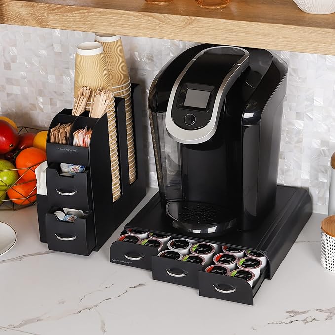 Mind Reader Single Serve Coffee Pod Drawer and Cup Condiment Set, 2 Pcs., 36 Pod Capacity, 5.35"L x 11.25"W x 11.15"H, Black