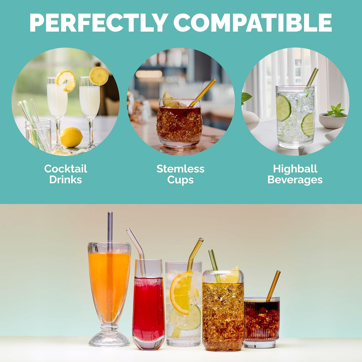 Simply Straws 6 Inch Skinny Glass Straws (6-Pack) - Reusable Cocktail Straws for Mixed Drinks, Low Balls, Coffee & Tea, with Cleaning Brush – Dishwasher Safe, Hot & Cold Use, BPA-Free (Fjord Mist)