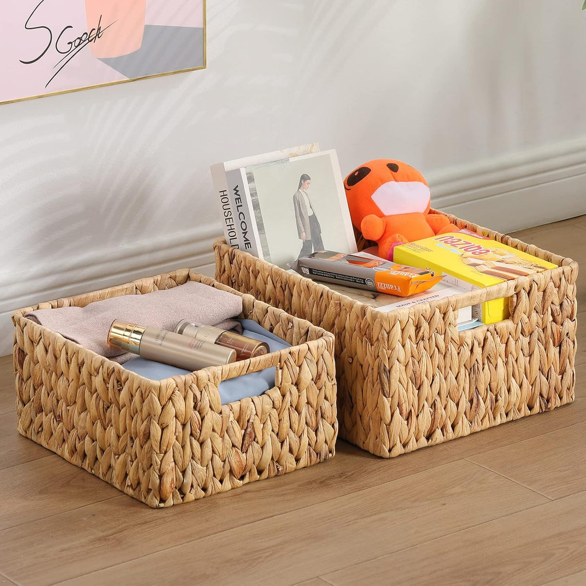 HOONEX Water Hyacinth Storage Baskets, Wicker Baskets for Organizing, Hand Woven Baskets with Carry Handles, Set of 2, Natural