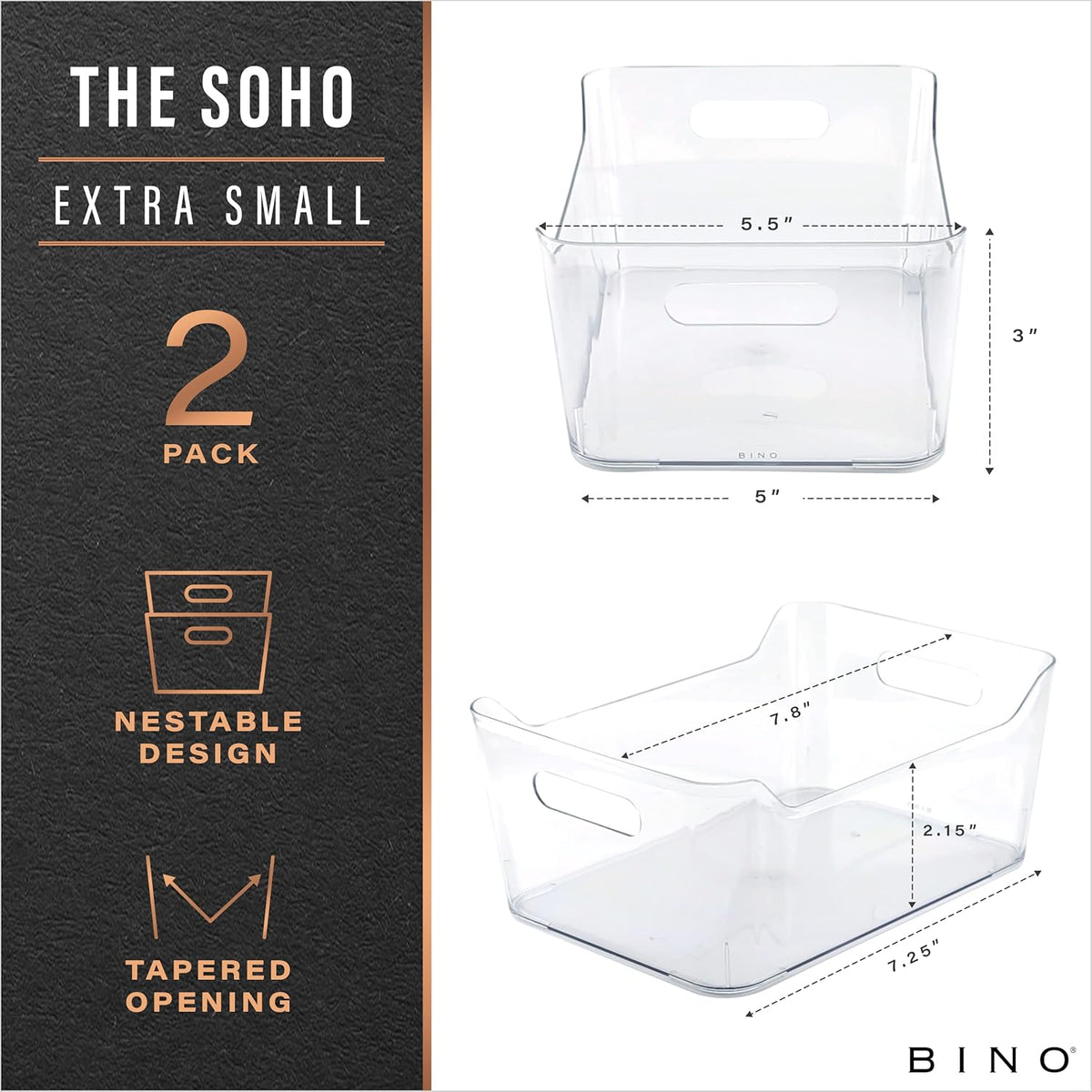 BINO | The SOHO Collection Plastic Storage Bins, X-Small - 2 Pack, Clear | Pantry and Fridge Organizer Containers, Kitchen Cabinet and Medicine Cabinet Bins
