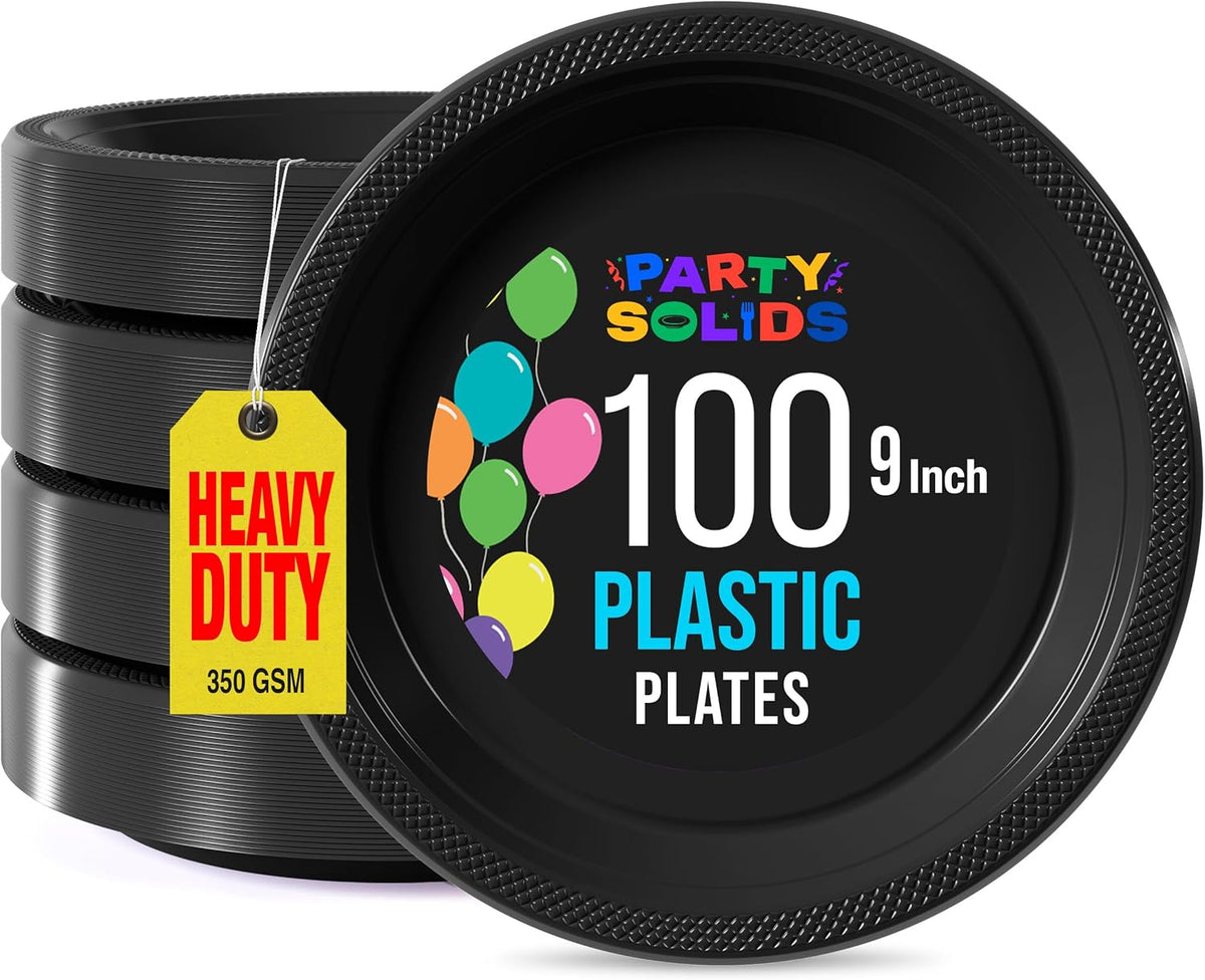 Exquisite Party Solids Black Plastic Plates For Party 9" Black Disposable Plates Heavy Duty Supplies 100 Pcs Plastic Dinnerware Sets Heavy Duty 350 GSM Disposable Dinnerware Set