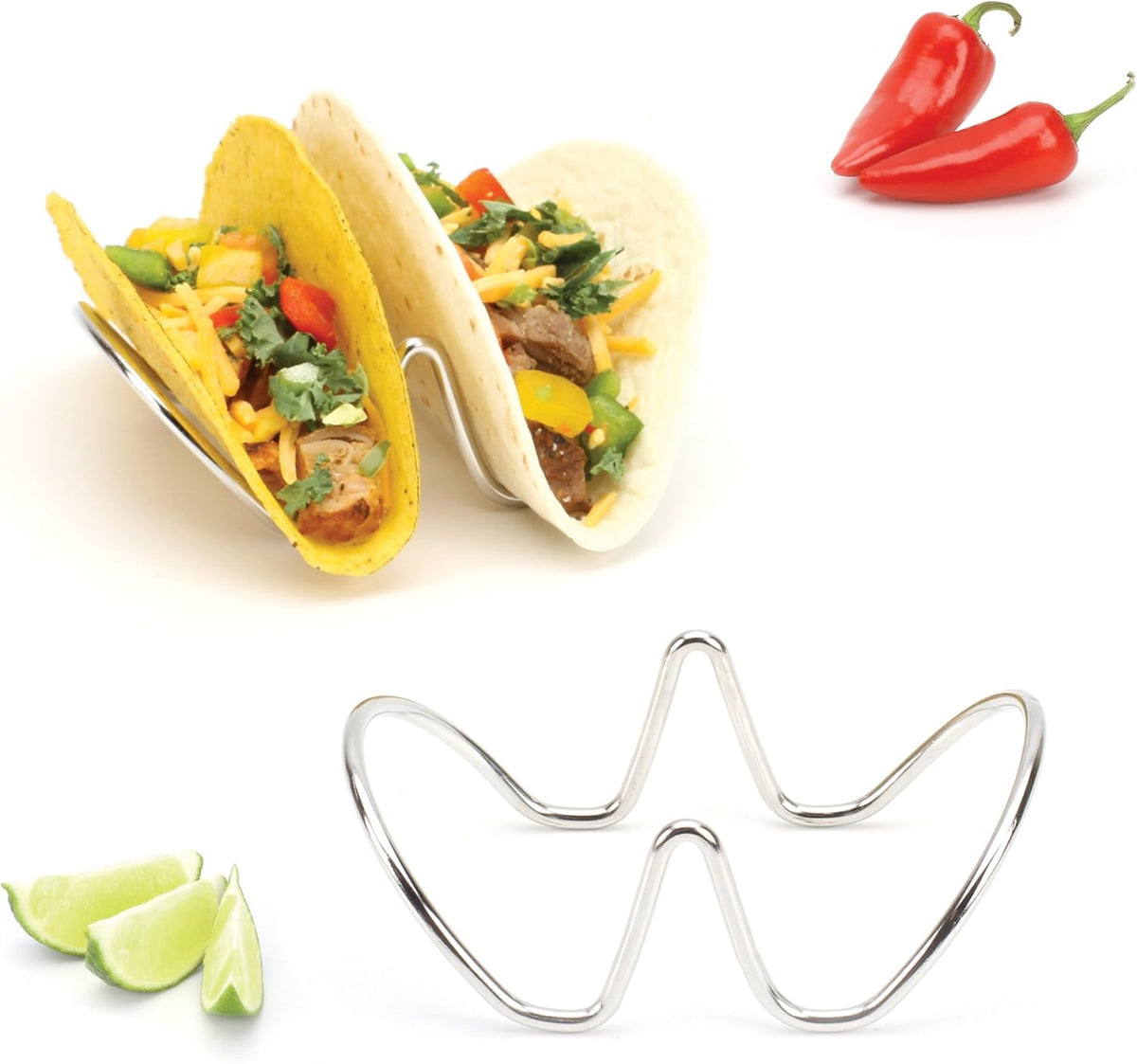 2LB Depot Taco Holder Set with 2 Stackable Stainless Steel Stands, Each Rack Holds 2 Hard or Soft Tacos, Five Styles Available, Perfect for Home and Restaurants