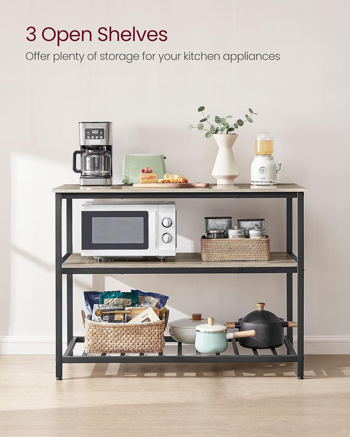 VASAGLE Kitchen Island with 3 Shelves, 47.2 Inches Width Kitchen Shelf with Large Worktop, Stable Steel Structure, Industrial, Easy to Assemble, Greige and Black UKKI001B02