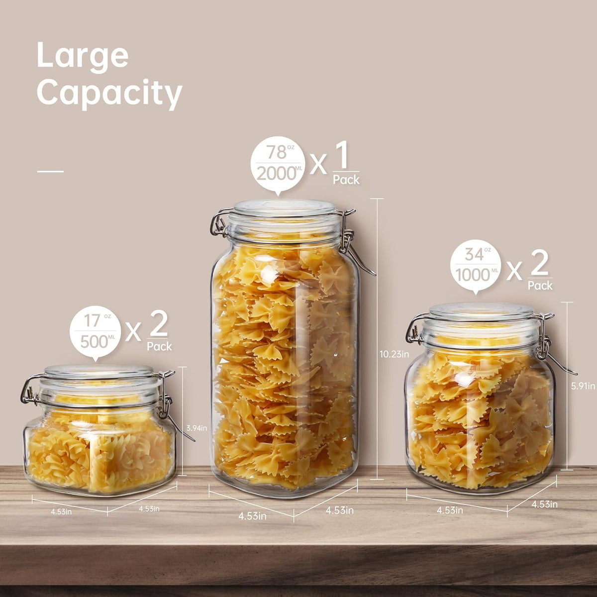 Multi Size - 5 Pack Square Glass Jars with Airtight Lid, Wide Mouth Mason Jars with Clamp Lids, Air Tight Glass Canisters, Best Food Storage Containers for Cereal, Pasta, Rice, Sugar, Coffee, Spice