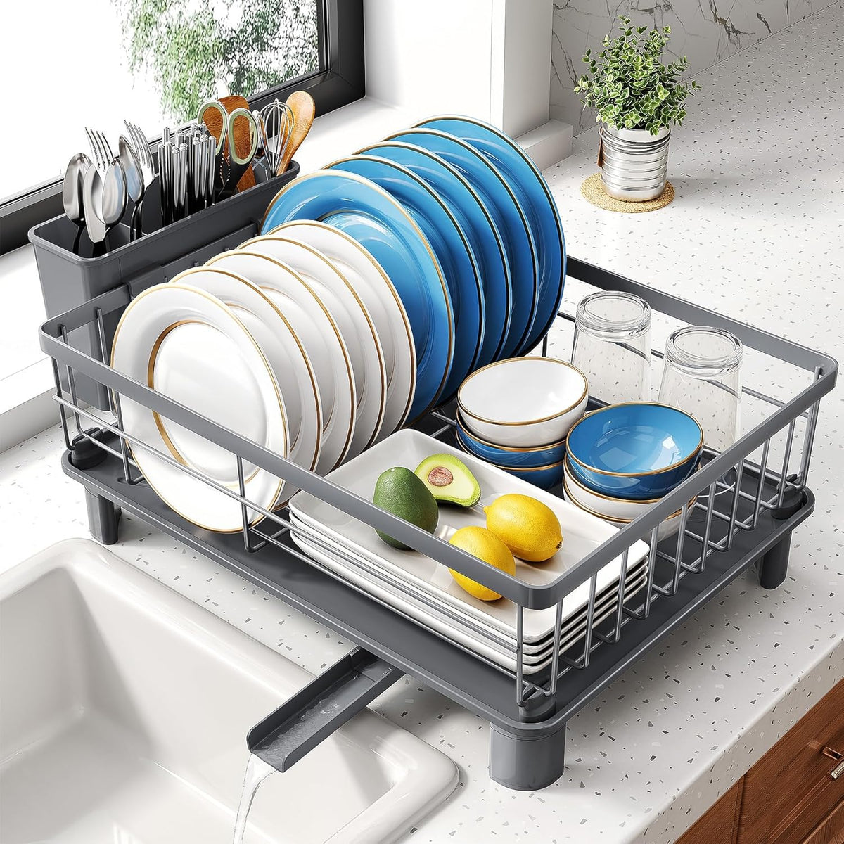 Dish Drying Rack - Small Dish Rack for Kitchen Counter, Stainless Steel Dish Drainer with Utensil Holder and Drainboard (Grey)
