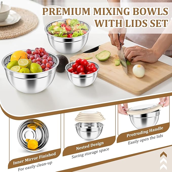 P&P CHEF Mixing Bowls with Visible Airtight Lids Set of 5, 10-Piece Stainless Steel Mixing Nesting Bowl, Metal Bowl with Lid for Kitchen Prepping & Storing, Size 4.6, 3, 1.5, 1, 0.7 QT, Khaki