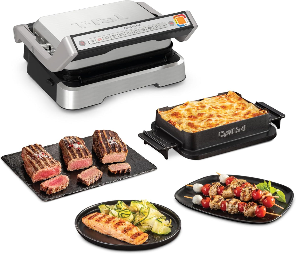 T-fal, Electric Grill, OptiGrill 4in1, Stainless Steel, 9 Automatic Cooking Modes, Intelligent Grilling Rare to Well-Done, 1800 Watts, Nonstick Removable Plates, Dishwasher Safe, Indoor, Silver
