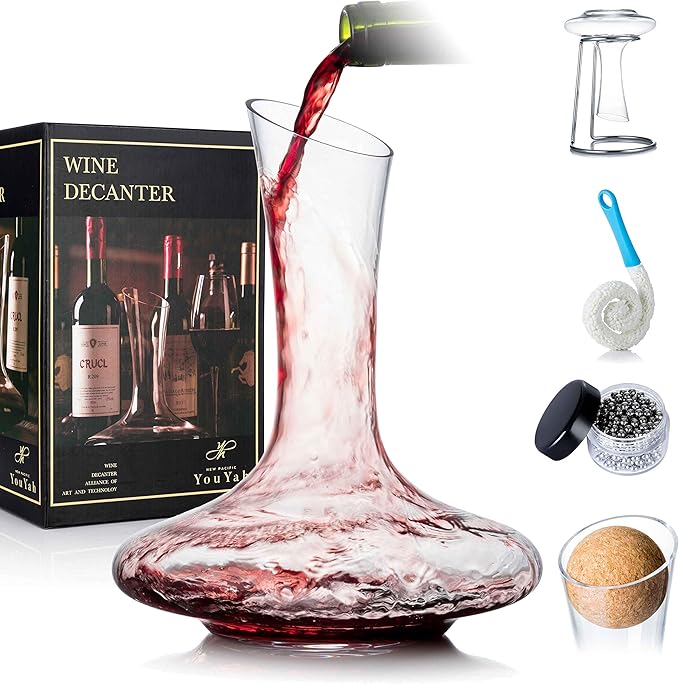 YouYah 100% Crystal Wine Decanter Set with Stand, Stopper, Brush and Beads - Red Wine Carafe - Hand-blown - Gift and Accessory