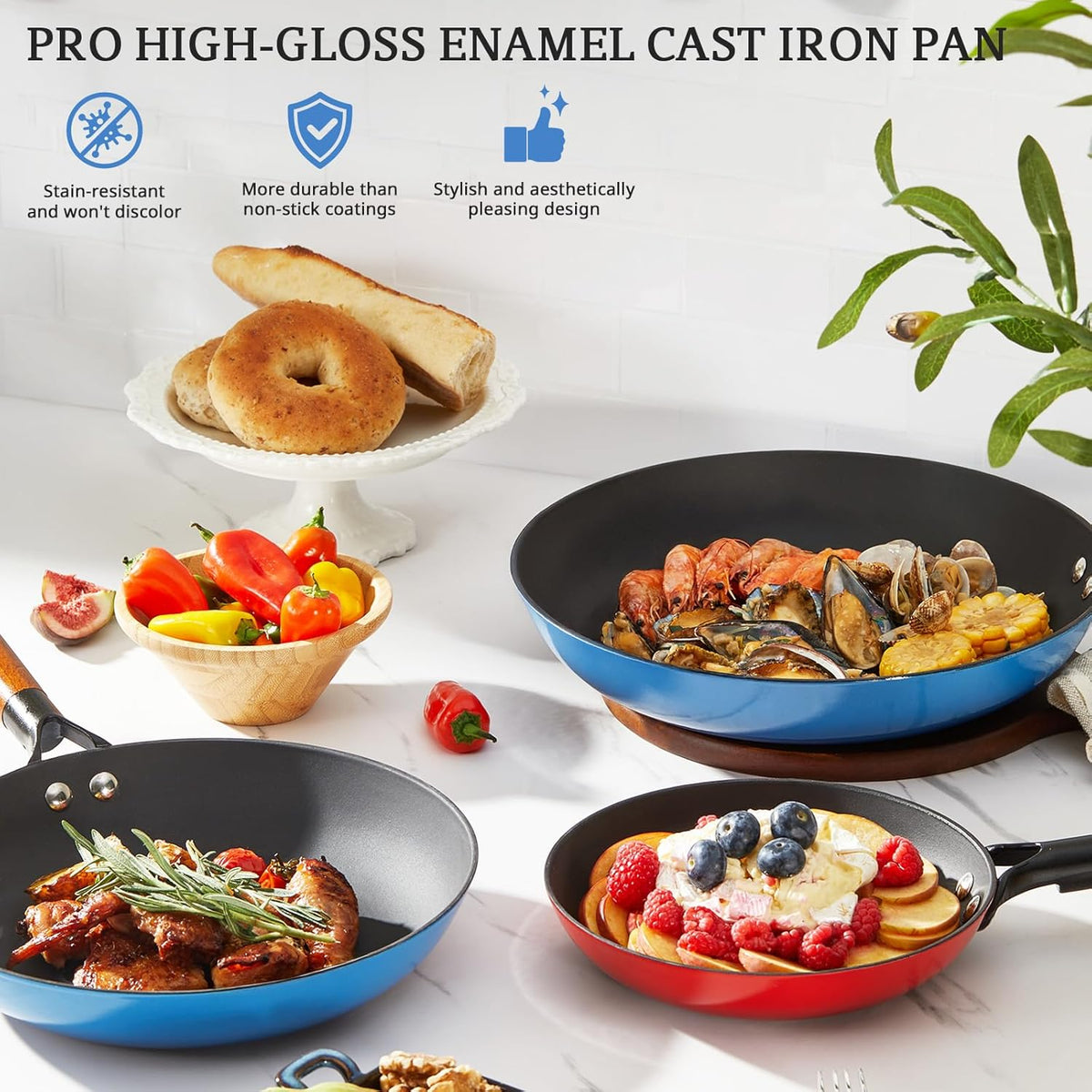 KITESSENSU Enameled Cast Iron Skillets - Non Stick Frying Pans Set with Durable Wooden Handle - 8&10&12 In Titanium Cast Iron Pans for Multi-Cooking - Pre Seasoned Cookware Set - Gradual Cobalt Blue