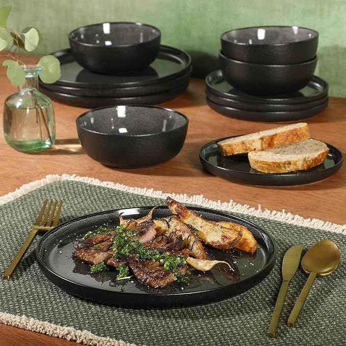 Gibson Elite Tahoe Sunset 12 Piece Stoneware Reactive Glaze (Service for 4) Ceramic Plates and Bowls Dinnerware Set - Black