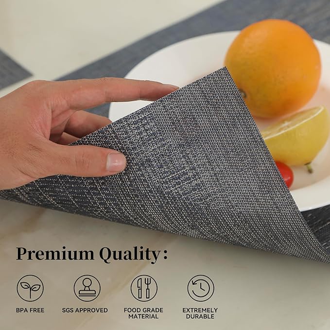 Leetaltree Denim Blue Placemats Set of 4 - Heat Resistant Non-Slip Place mats for Dining Table, Washable Durable PVC Vinyl Woven Table Mats（Denim Blue, 4）