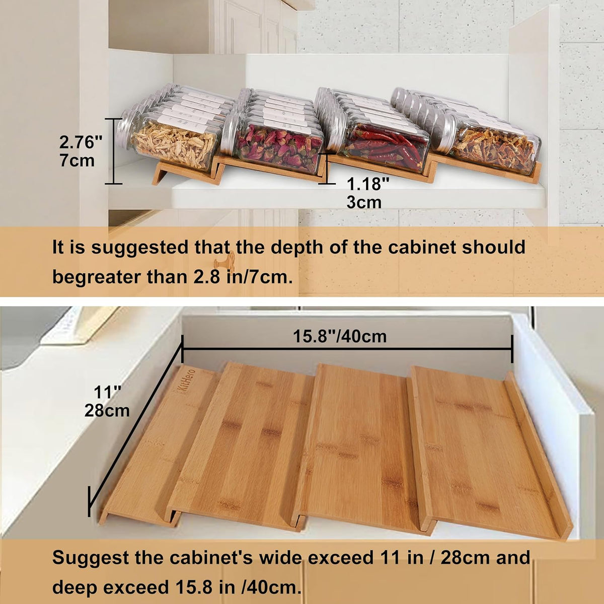 Spice Drawer Organizer with 20 Spice Jars,216 Labels,25 Non-slip Rubber, Bamboo 4 Tier Seasoning Rack Tray Insert for Kitchen Drawers,Cabinets,Countertop,11" Wide x 15.8" Deep