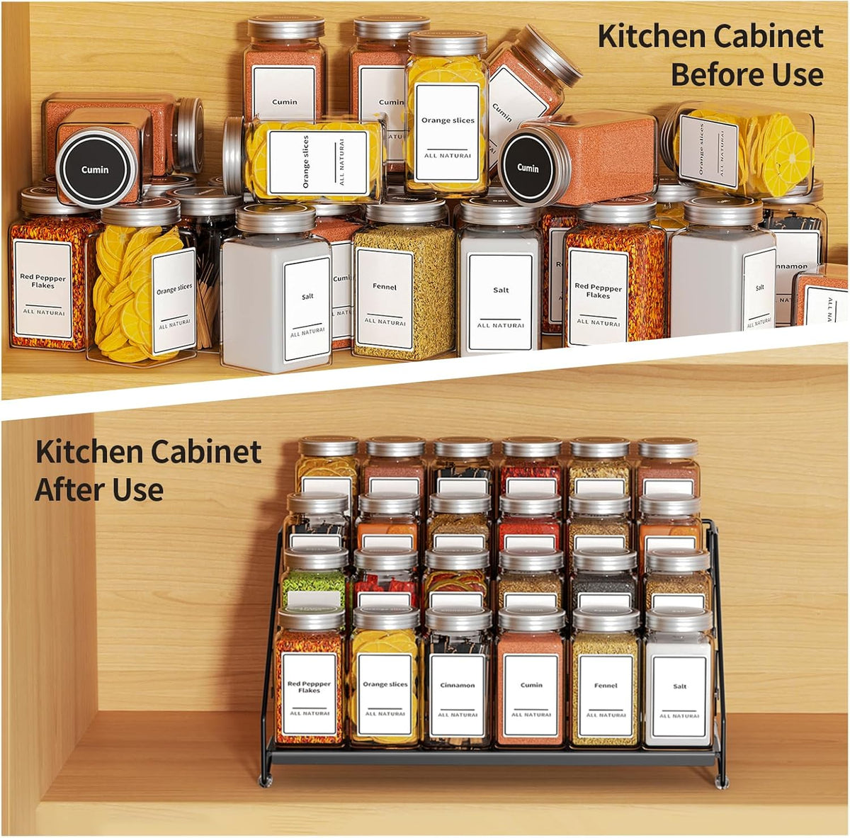 4 Tier Spice Rack for Cabinet, Spice Rack Organizer, Depth Adjustable Spice Holder for Countertop, Cupboard, Pantry, Seasoning Shelf, Metal, Black (1 Pack)