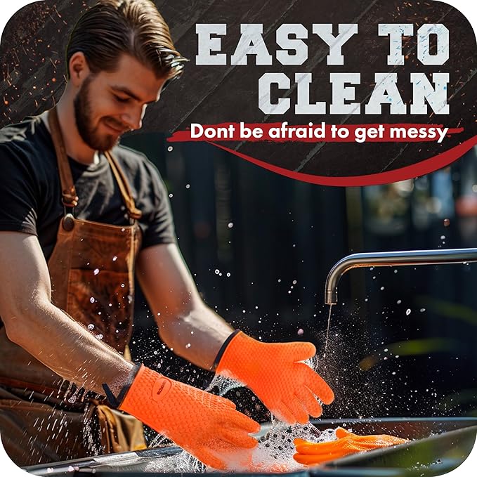 KITCHEN PERFECTION XL Silicone Smoker Oven Gloves-Extreme Heat Resistant BBQ Gloves-Handle Hot Food Right on Your Grill Fryer&Pit|Waterproof Grilling Cooking Baking Mitts|Superior Value Set+3 Bonuses